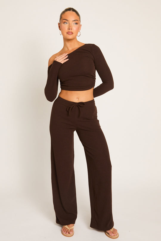 Chocolate Rib Asymmetric Drawcord Trouser Loungewear Co-ord Set - Ceena