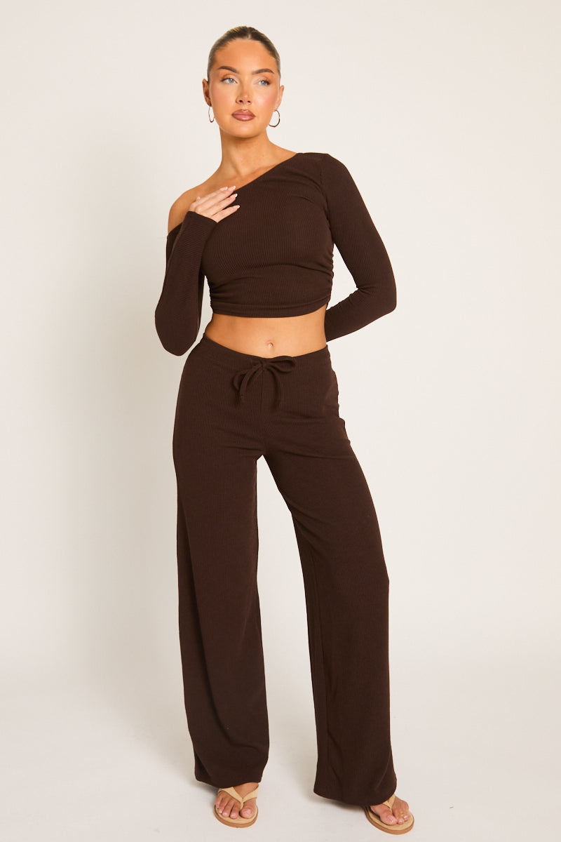 Chocolate Rib Asymmetric Drawcord Trouser Loungewear Co-ord Set - Ceena
