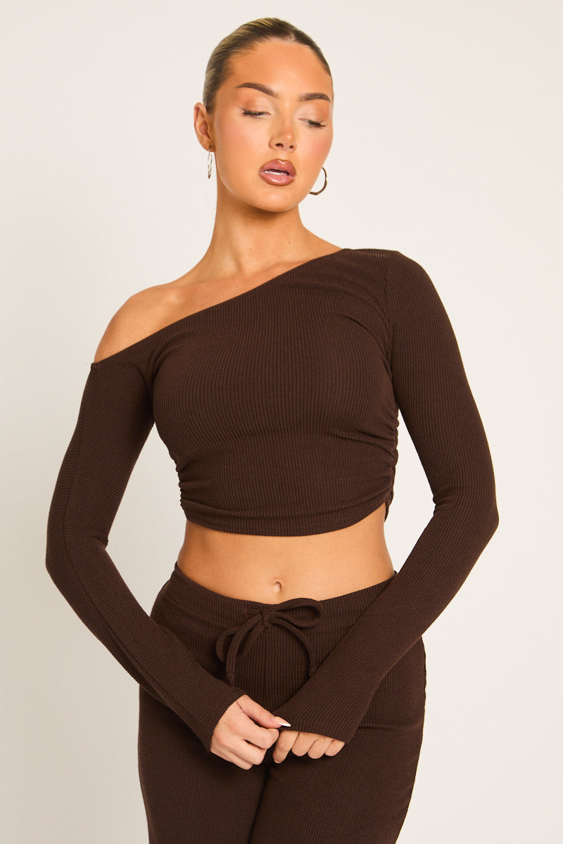 Chocolate Rib Asymmetric Drawcord Trouser Loungewear Co-ord Set - Ceena