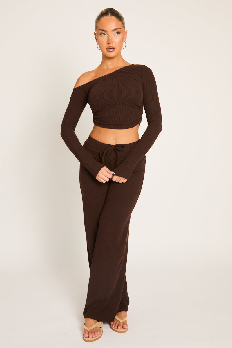Chocolate Rib Asymmetric Drawcord Trouser Loungewear Co-ord Set - Ceena