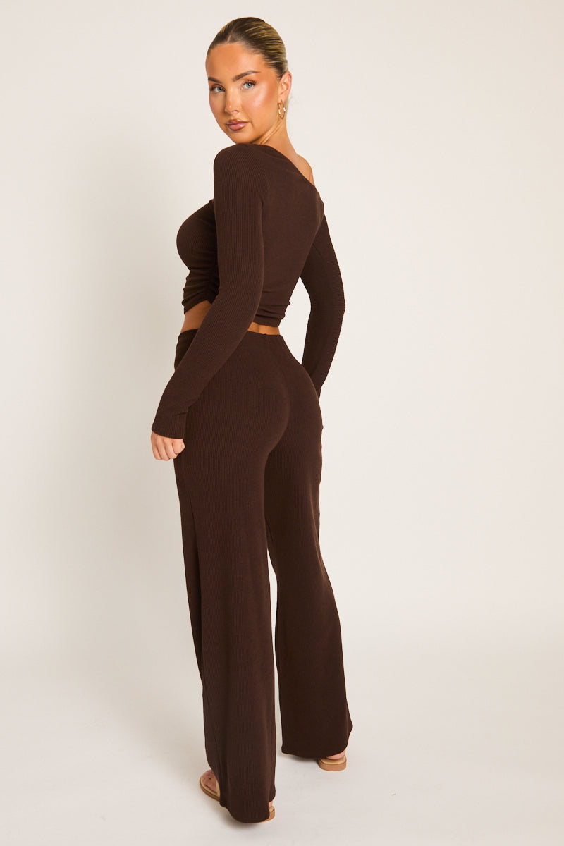 Chocolate Rib Asymmetric Drawcord Trouser Loungewear Co-ord Set - Ceena