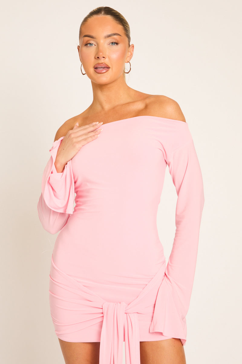 Pink Long Flared Sleeves Drape Detail Bodycon Mini Dress - Maya