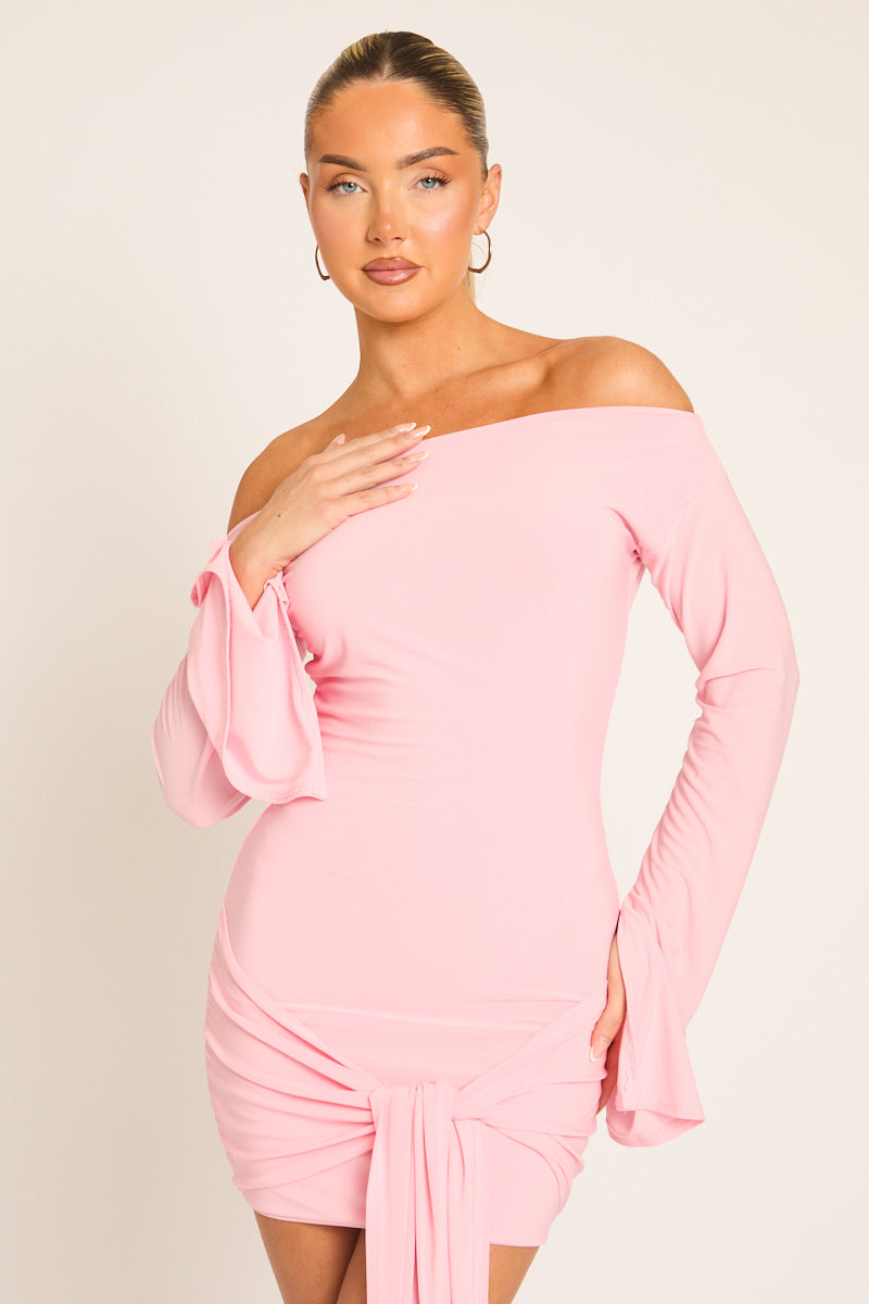 Pink Long Flared Sleeves Drape Detail Bodycon Mini Dress