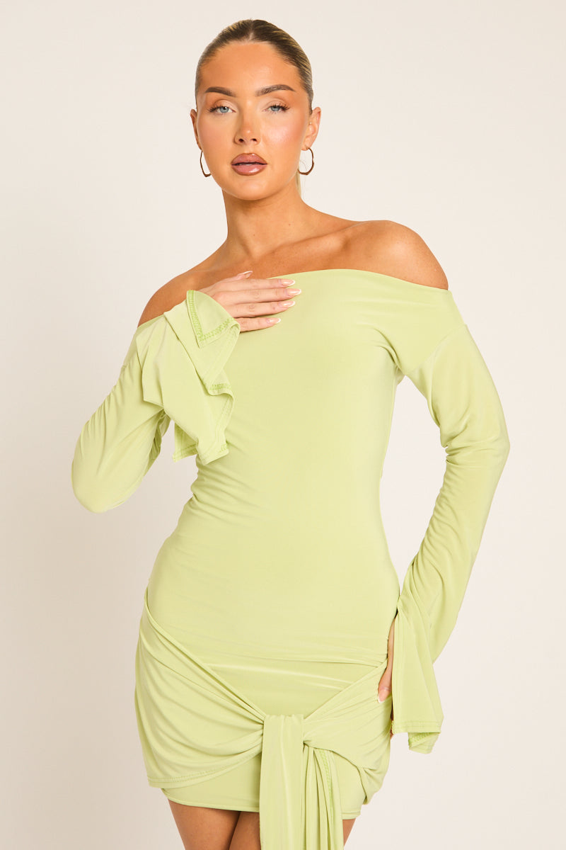 Lime Long Flared Sleeves Drape Detail Bodycon Mini Dress - Maya