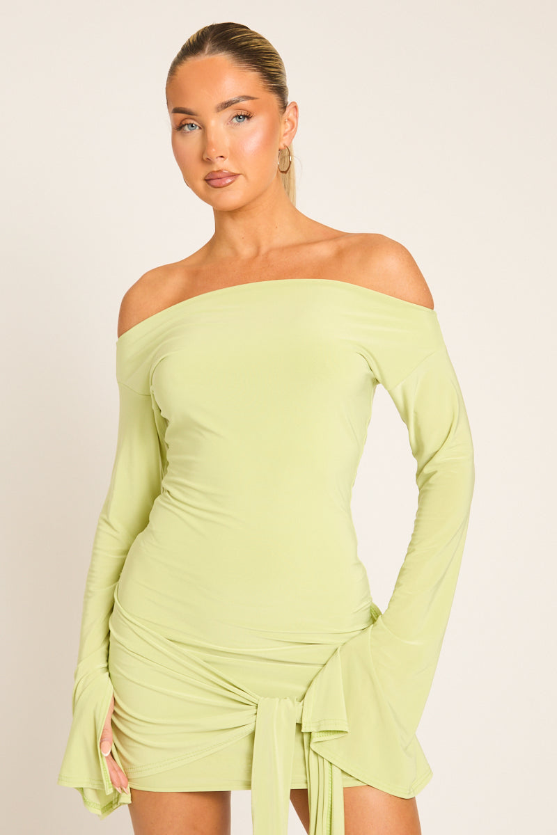 Lime Long Flared Sleeves Drape Detail Bodycon Mini Dress - Maya