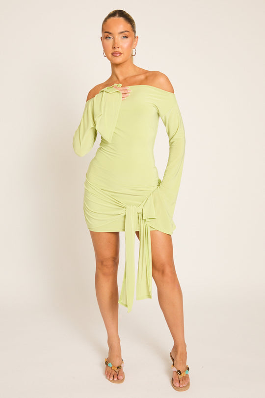 Lime Long Flared Sleeves Drape Detail Bodycon Mini Dress - Maya