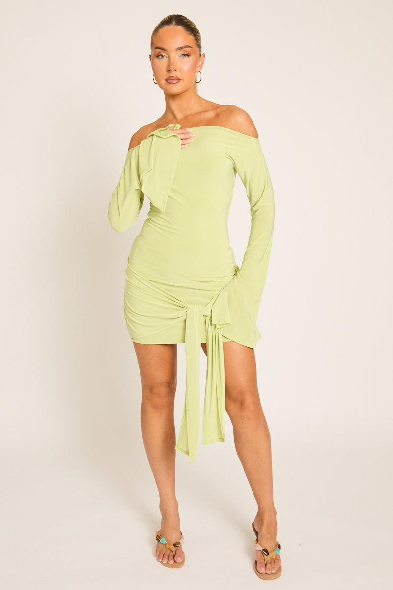 Lime Long Flared Sleeves Drape Detail Bodycon Mini Dress - Maya