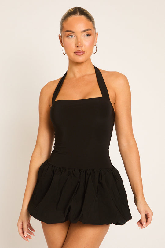 Black Halterneck Puffball Mini Dress - Ellin