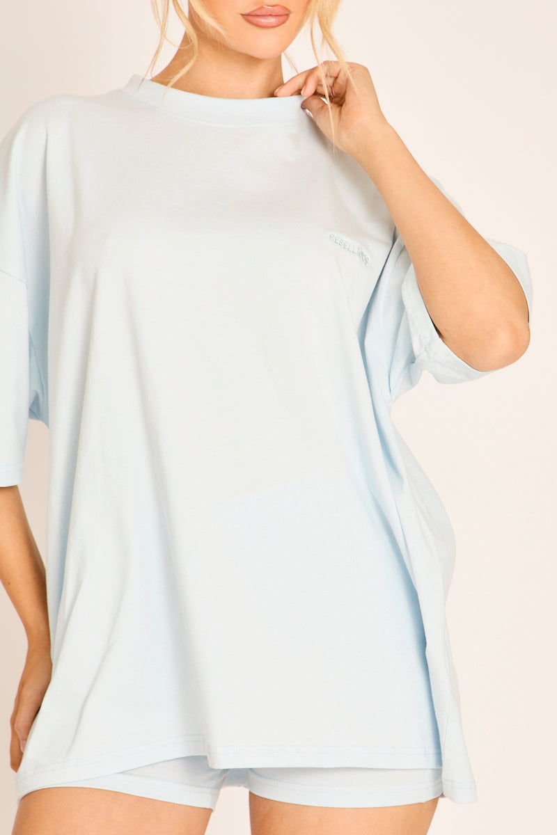 Light Blue Rebellious Logo Oversized T-Shirt and Cycling Shorts Co-Ord - Alizy