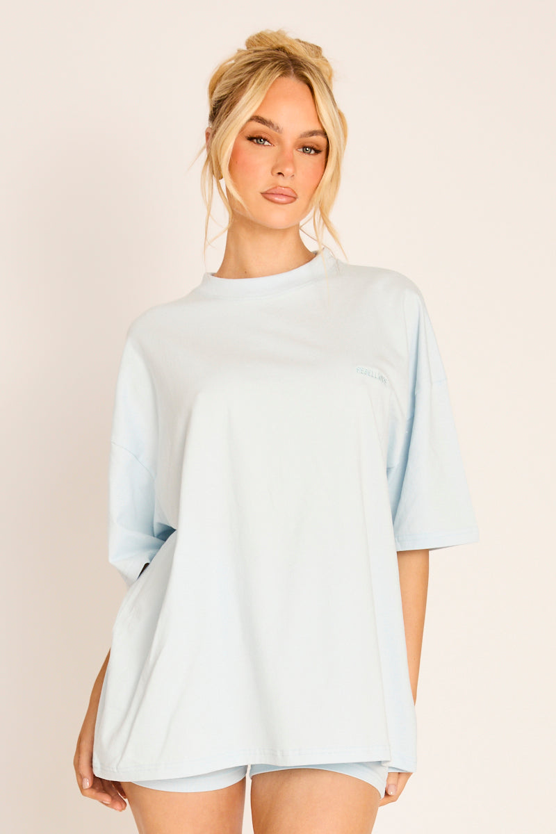 Light Blue Rebellious Logo Oversized T-Shirt and Cycling Shorts Co-Ord - Alizy