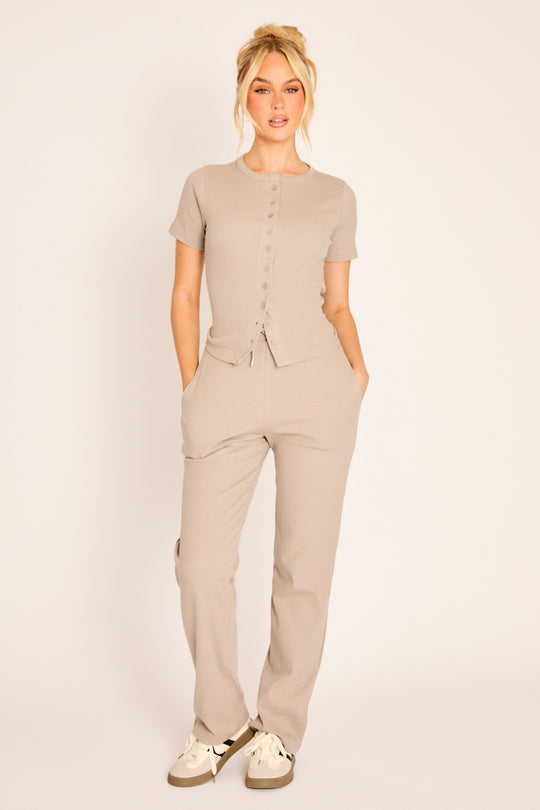 Dove Grey Button Front Short Sleeve Top and Jogger Co-Ord - Gruci
