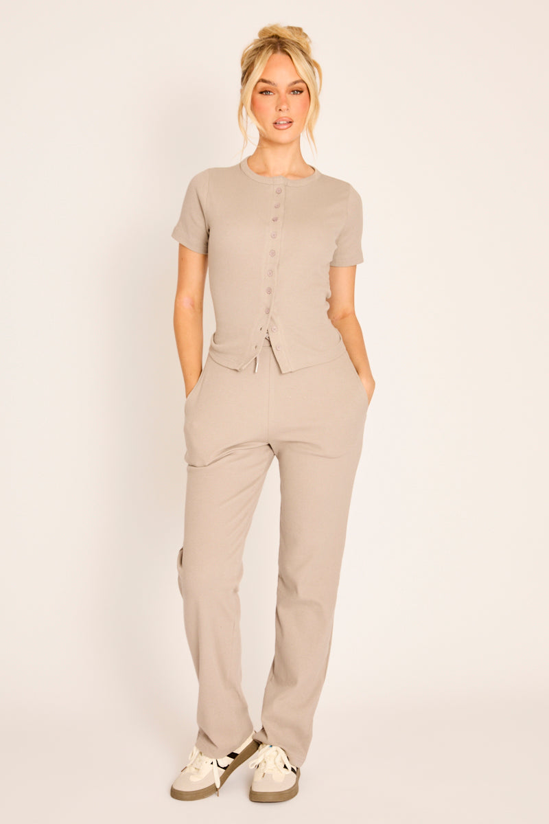 Dove Grey Button Front Short Sleeve Top and Jogger Co-Ord - Gruci
