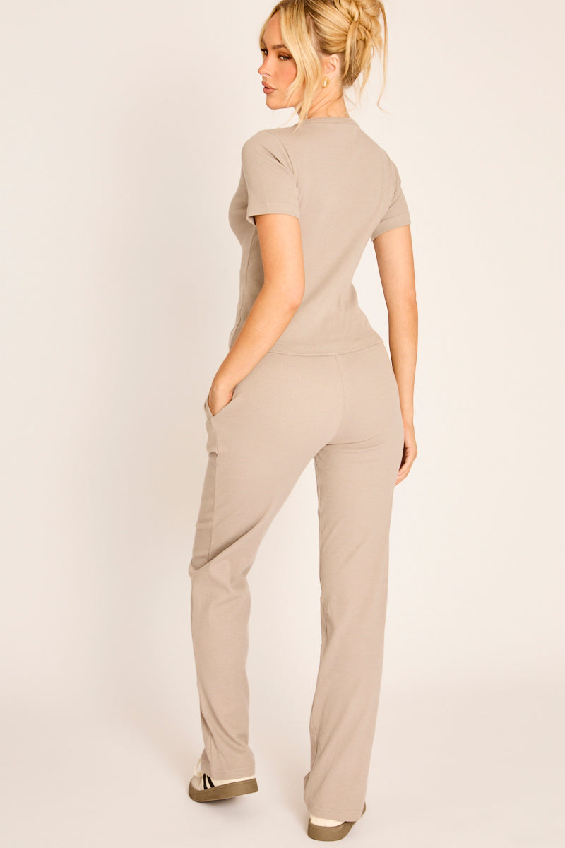 Dove Grey Button Front Short Sleeve Top and Jogger Co-Ord - Gruci