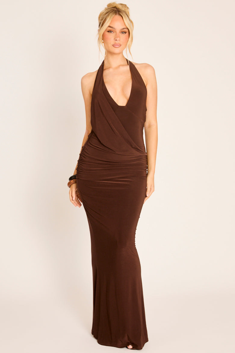 Chocolate Brown Drape Front Maxi Dress - Rukhi