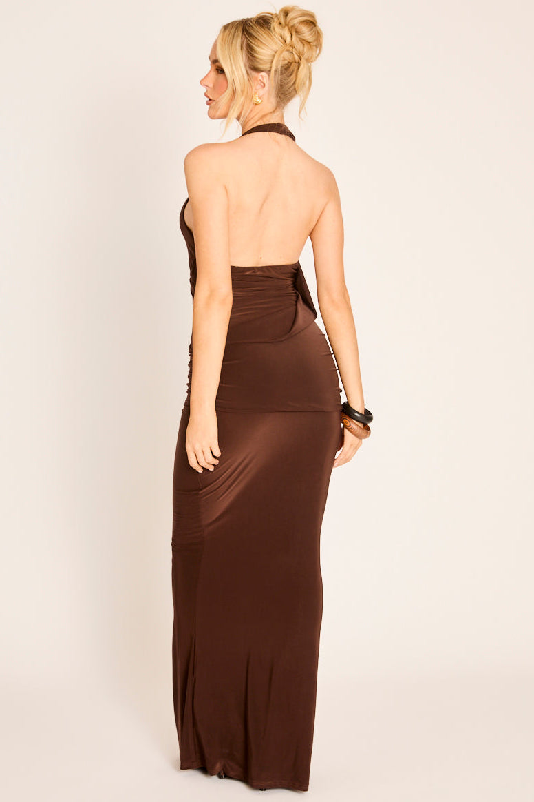 Chocolate Brown Drape Front Maxi Dress - Rukhi