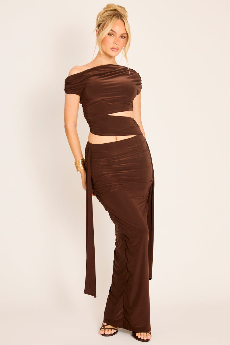 Chocolate One Shoulder Cut Out Drape Mini Dress - Torie