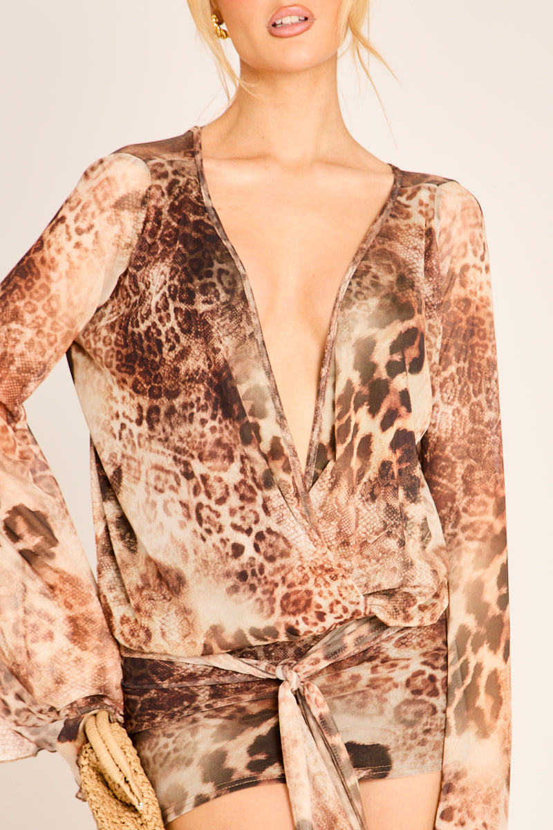 Brown Leopard Print Mesh Wrap Detail Open Back Mini Dress - Umbria