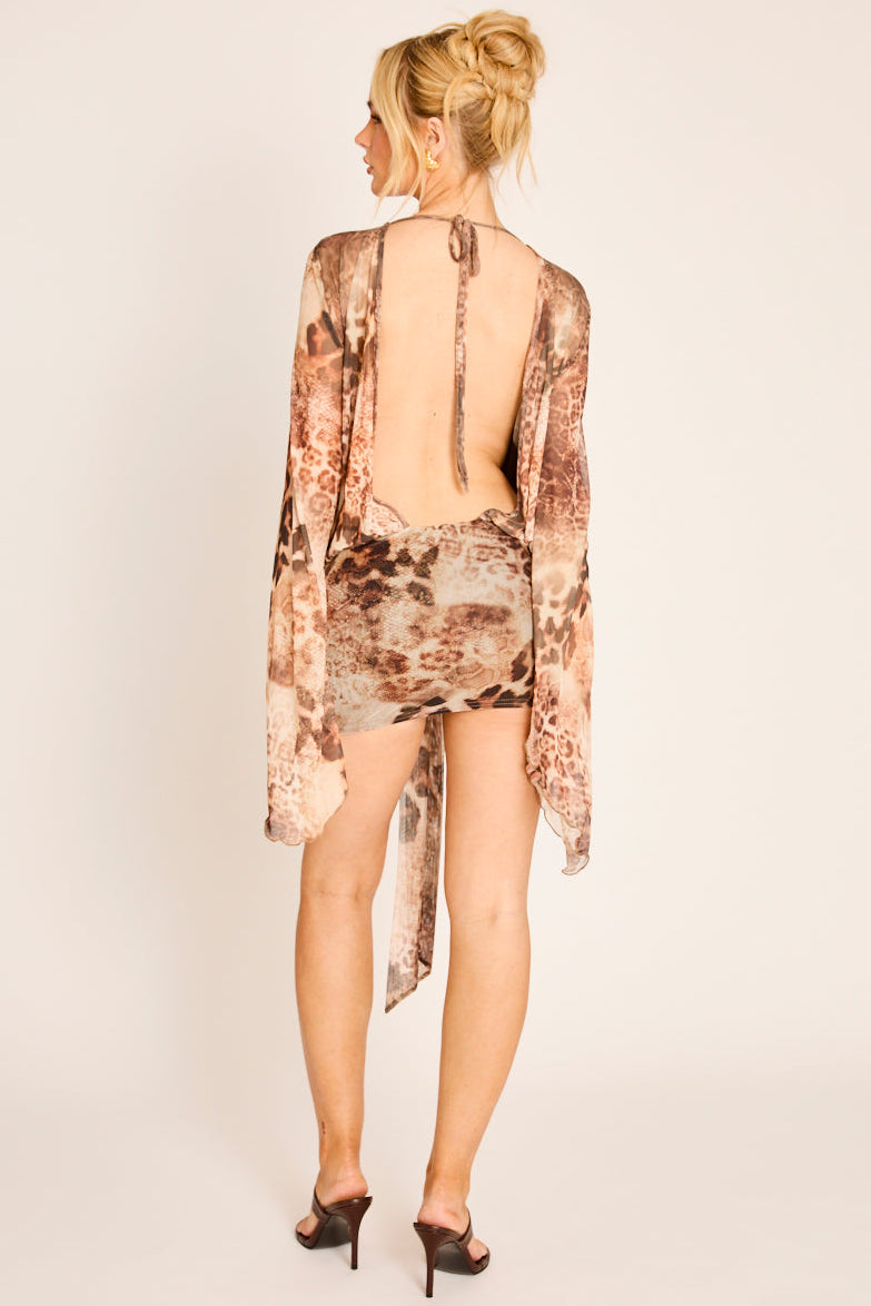 Brown Leopard Print Mesh Wrap Detail Open Back Mini Dress - Umbria