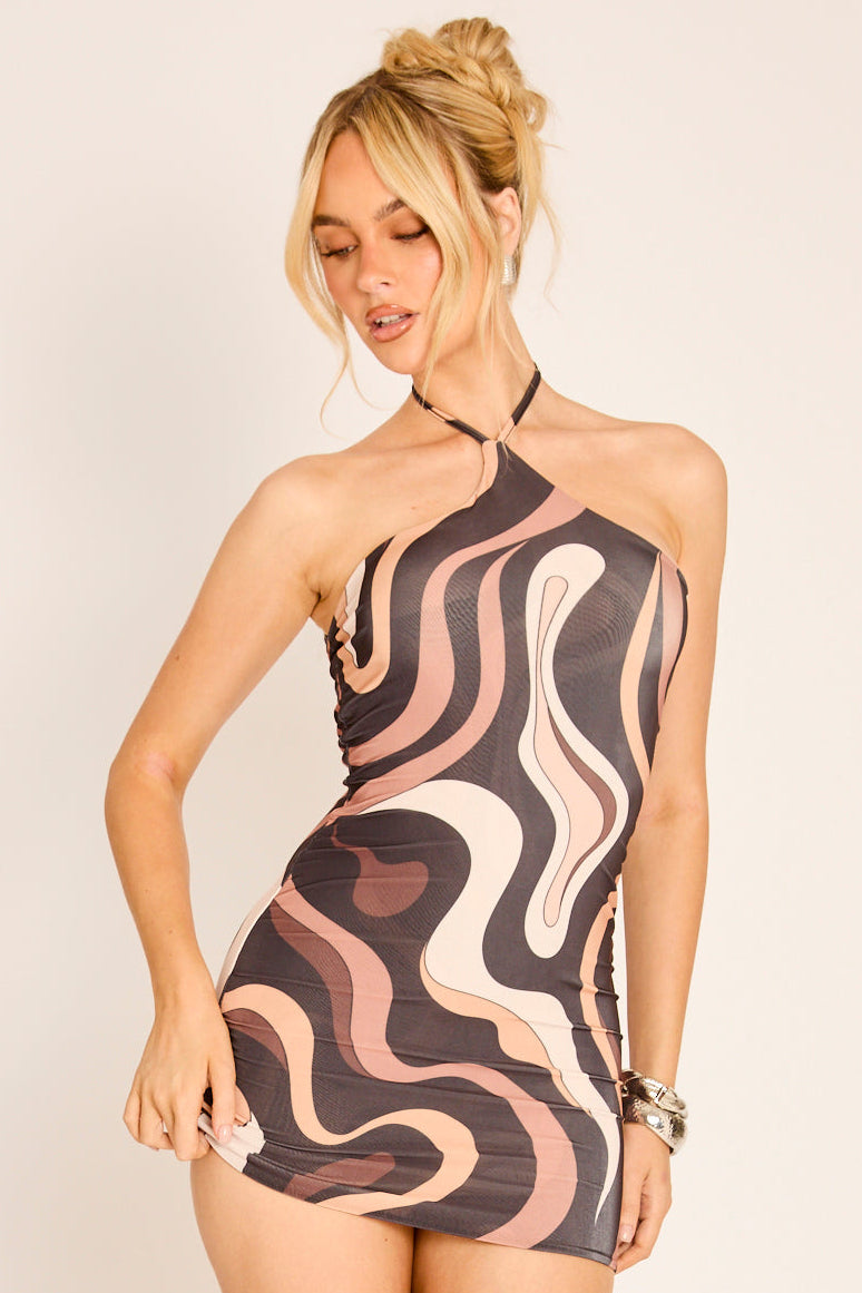 Brown Abstract Print Halter Mini Dress - Radley