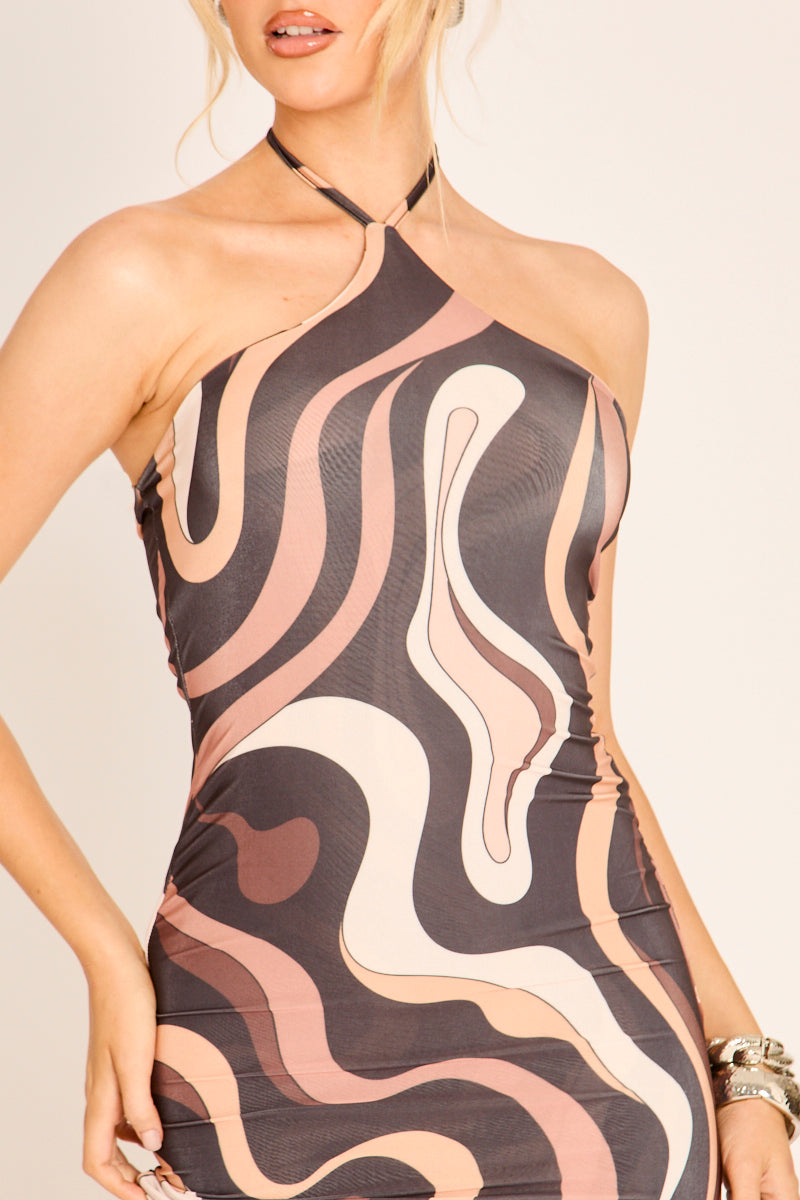 Brown Abstract Print Halter Mini Dress - Radley