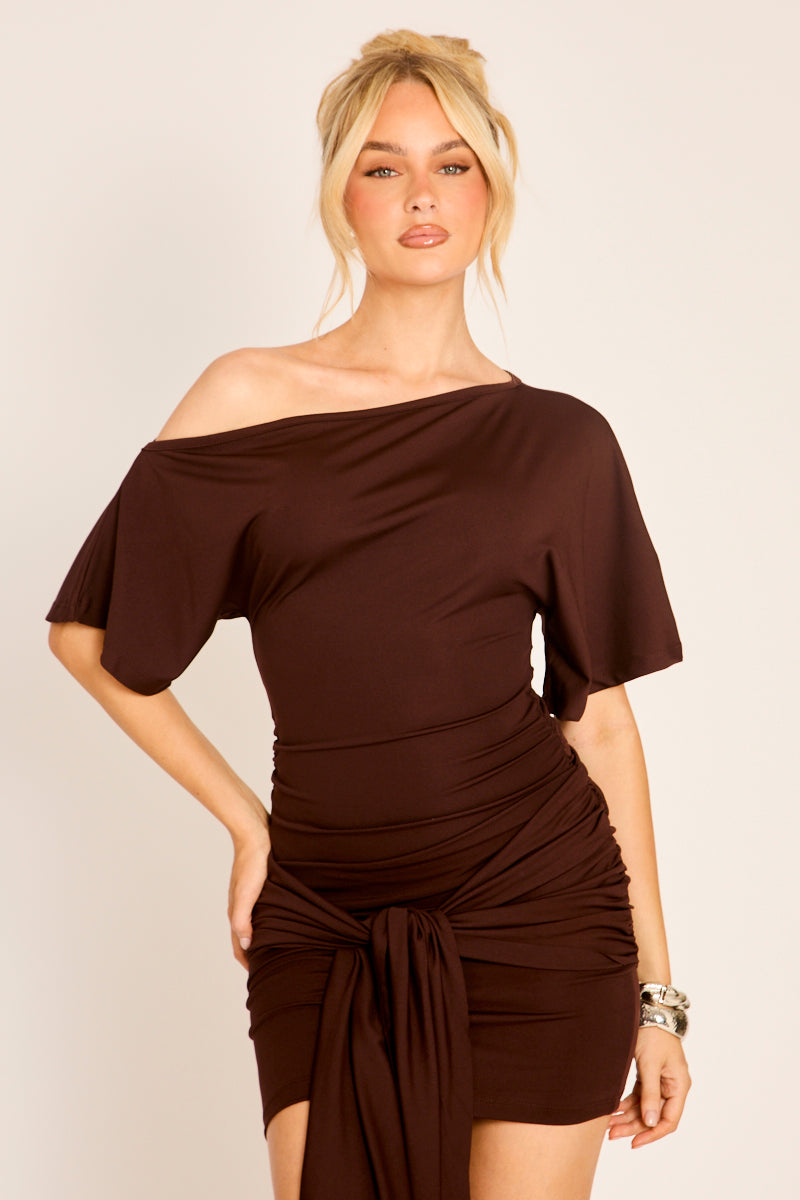 Chocolate Off Shoulder Drape Detail Mini Dress - Alison