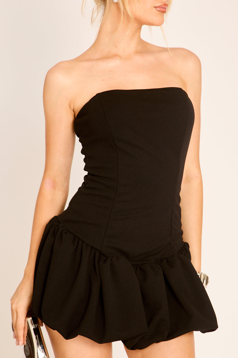 Black Bandeau Puffball Mini Dress - Hettie