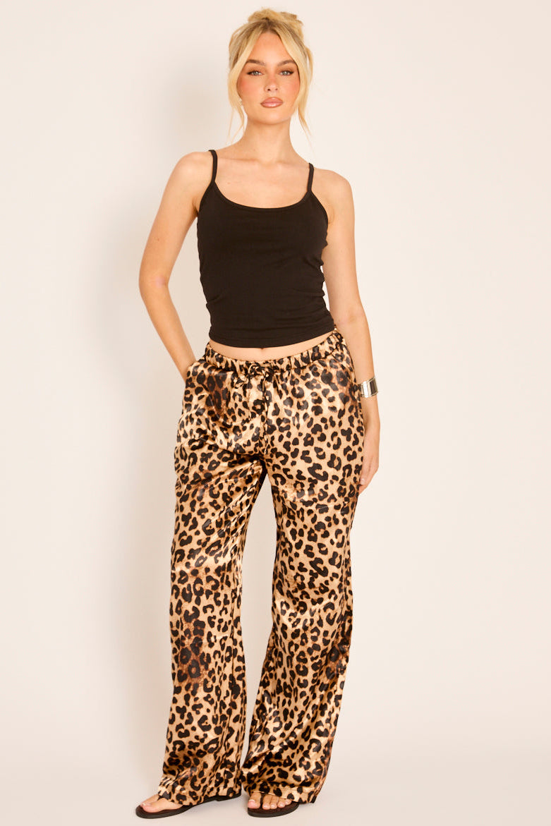 Brown Leopard Print Satin Wide Leg Trousers - Lisa
