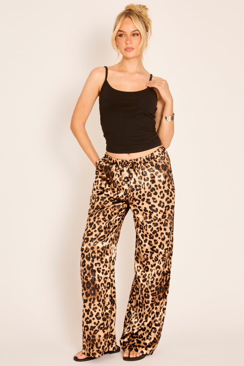 Brown Leopard Print Satin Wide Leg Trousers - Lisa