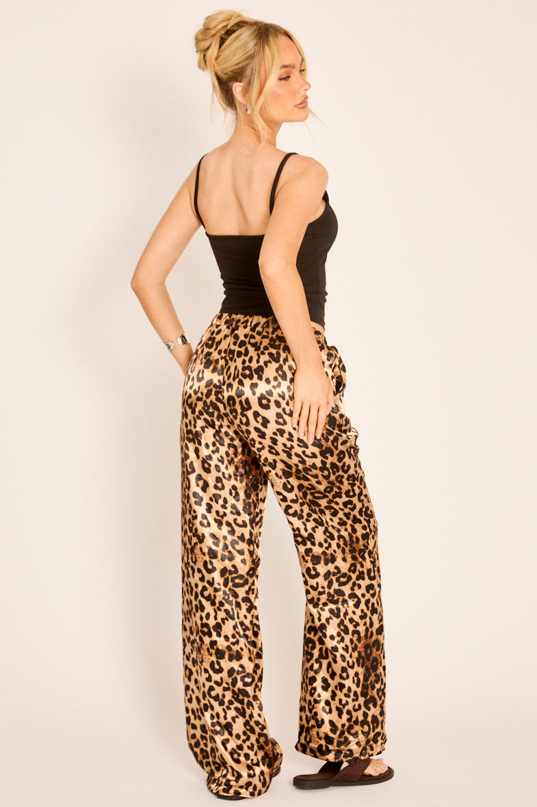 Brown Leopard Print Satin Wide Leg Trousers - Lisa