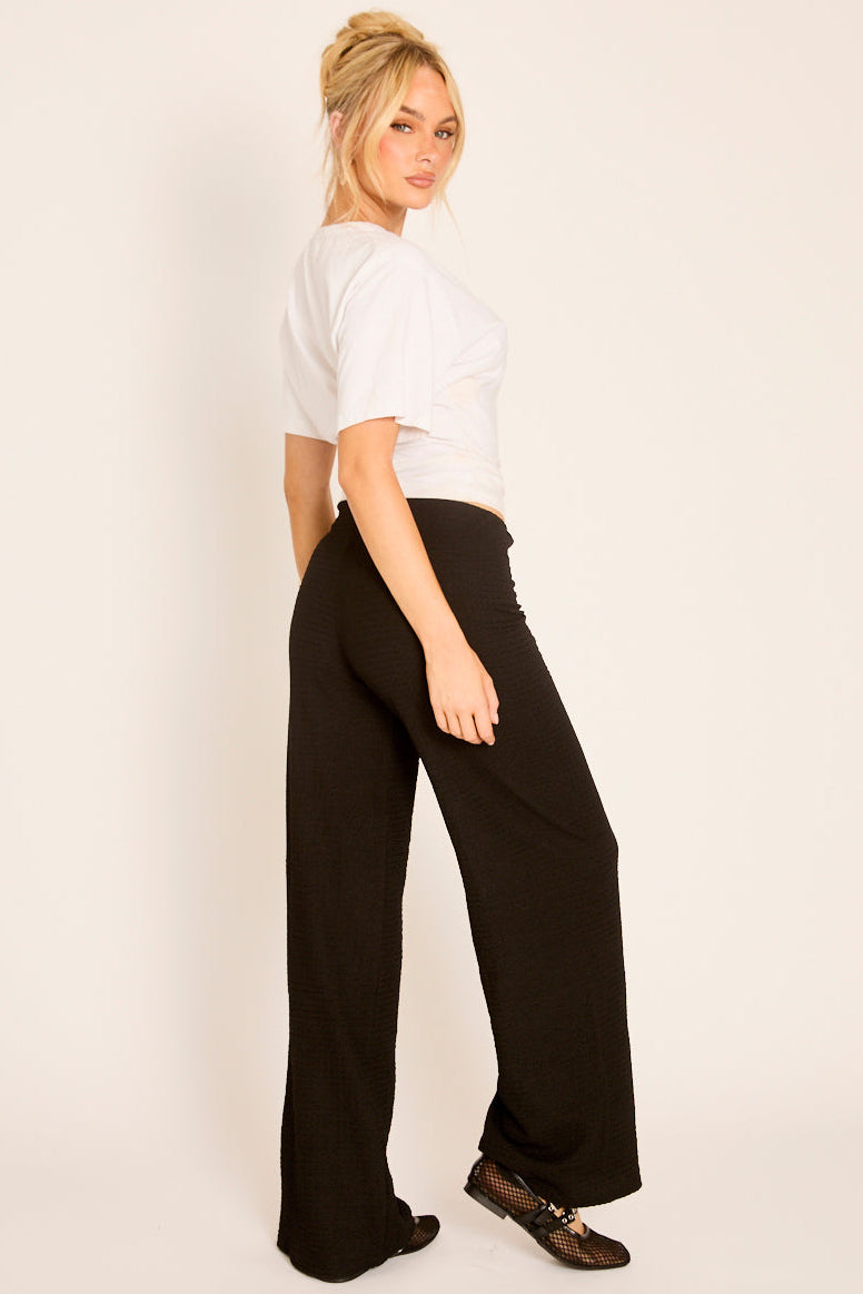 Black Textured Wide Leg Trousers - Hyden
