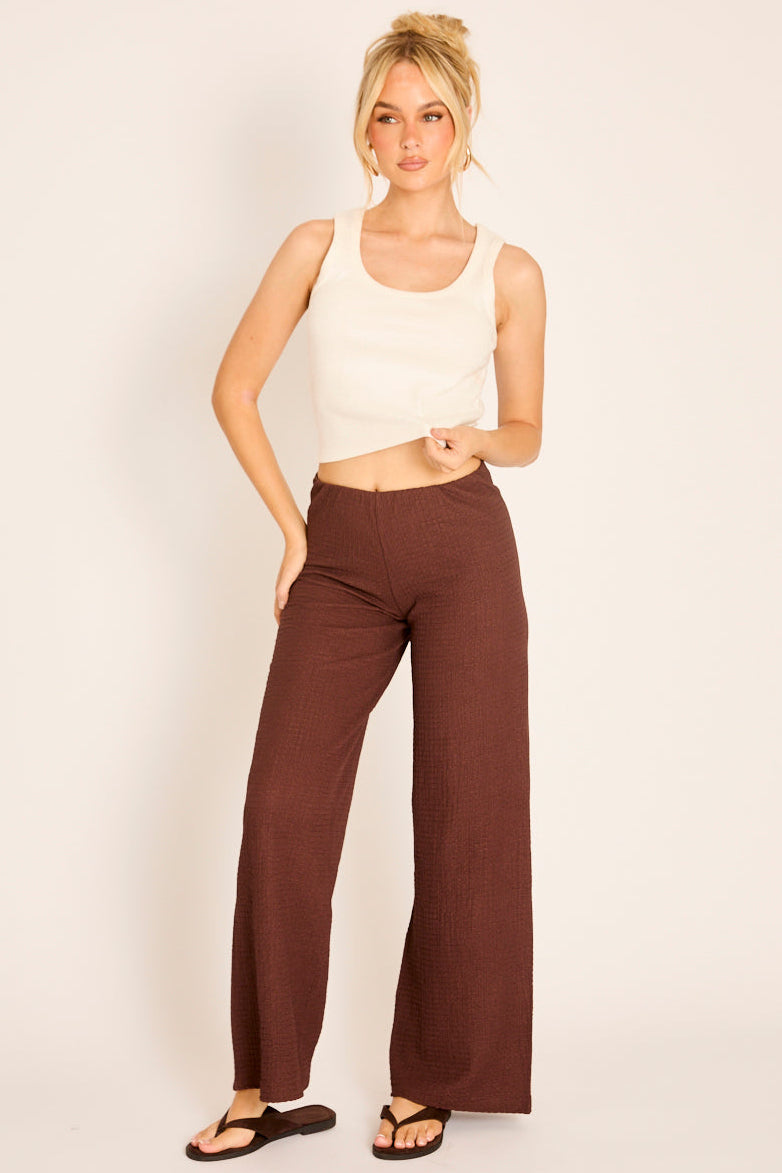 Chocolate Textured Wide Leg Trousers - Hyden