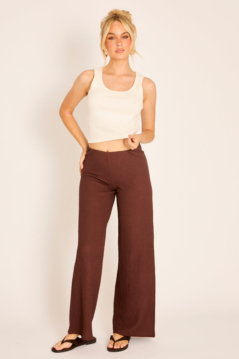 Chocolate Textured Wide Leg Trousers - Hyden