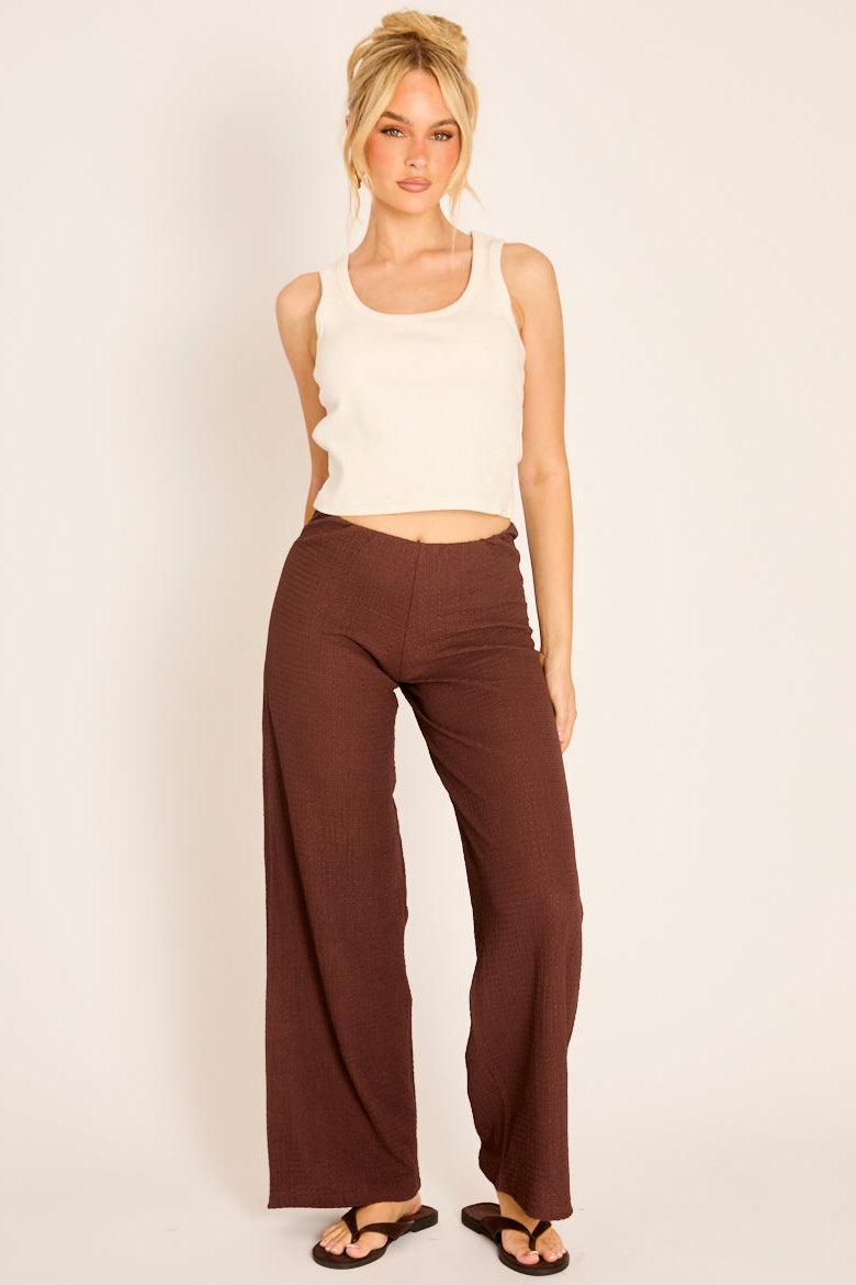 Chocolate Textured Wide Leg Trousers - Hyden