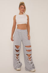 Grey Distressed Ripped Wide Leg Joggers - Emory