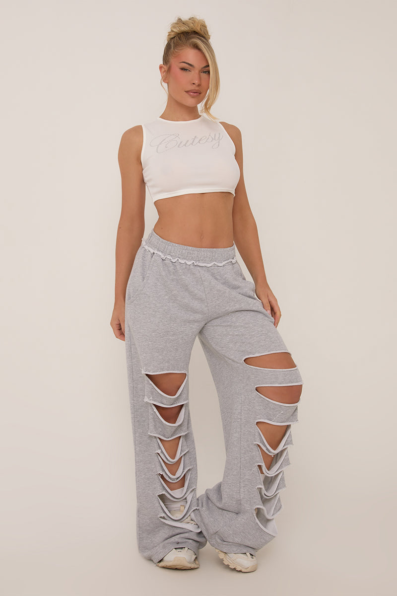 Grey Distressed Ripped Wide Leg Joggers - Emory