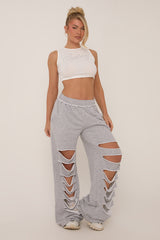 Grey Distressed Ripped Wide Leg Joggers - Emory
