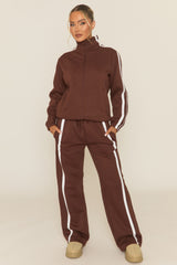 Chocolate Contrast Stripe Jacket and Joggers Loungewear Set - Denika
