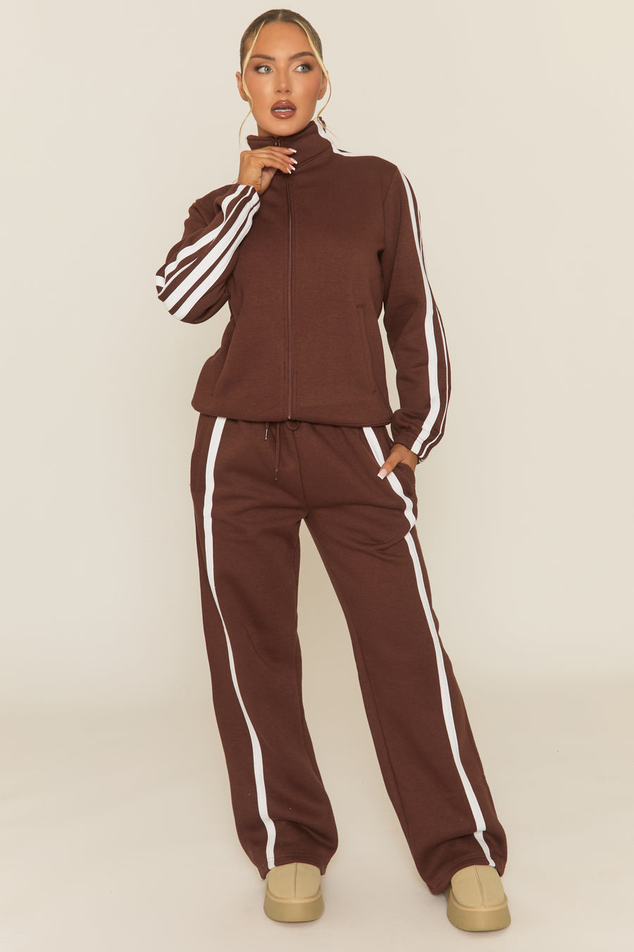 Chocolate Contrast Stripe Jacket and Joggers Loungewear Co-ord Set - Denika