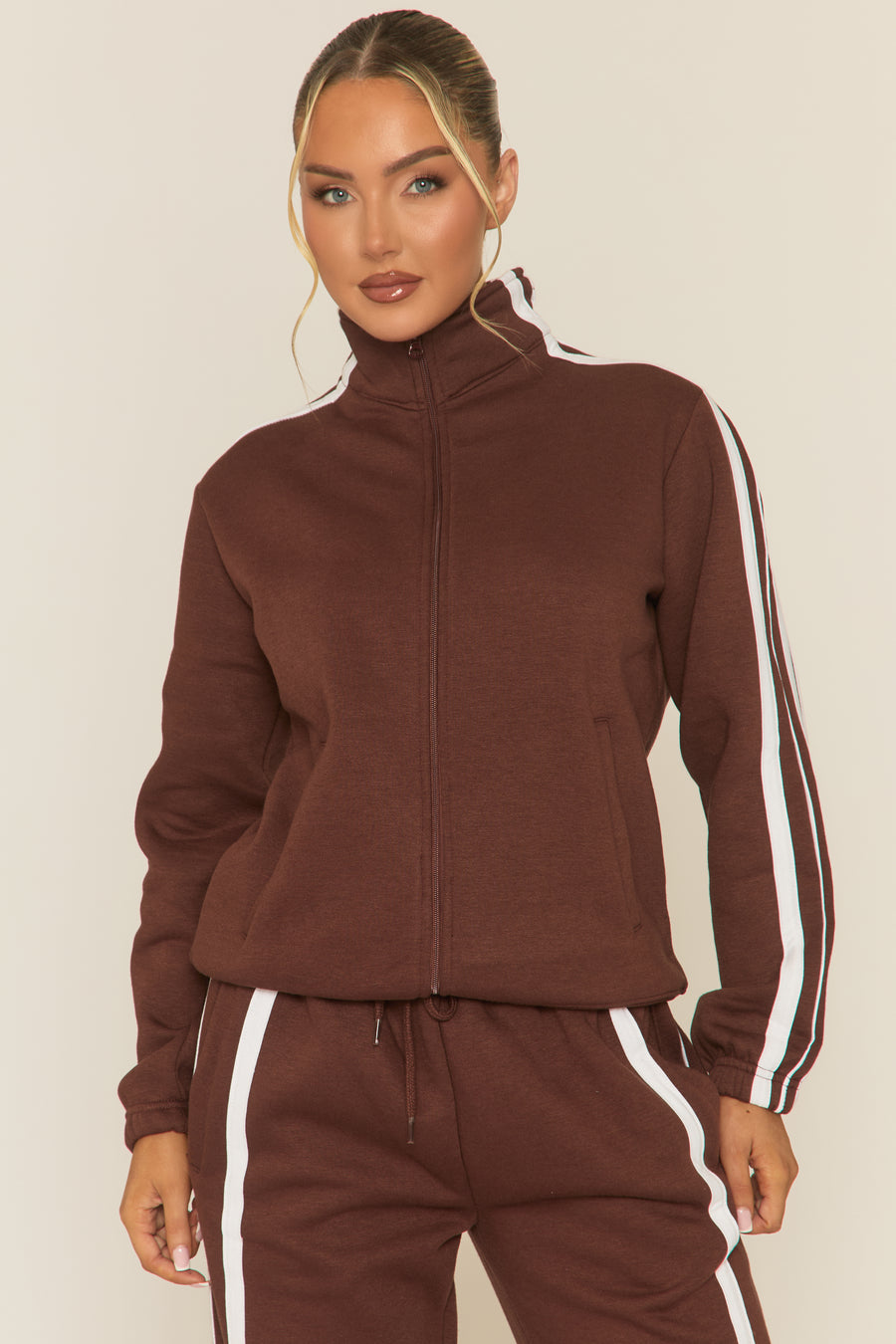 Chocolate Contrast Stripe Jacket and Joggers Loungewear Co-ord Set - Denika