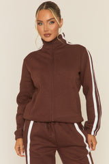 Chocolate Contrast Stripe Jacket and Joggers Loungewear Set - Denika