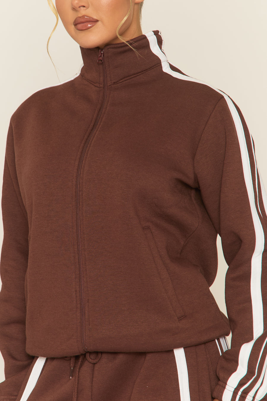 Chocolate Contrast Stripe Jacket and Joggers Loungewear Co-ord Set - Denika