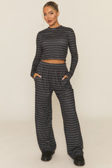 Charcoal Striped Jersey Top and Trouser Loungewear Co-ord Set - Arlene