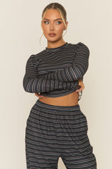 Charcoal Striped Jersey Top and Trouser Loungewear Co-ord Set - Arlene