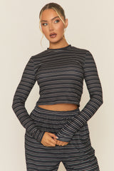 Charcoal Striped Jersey Top and Trouser Loungewear Co-ord Set - Arlene