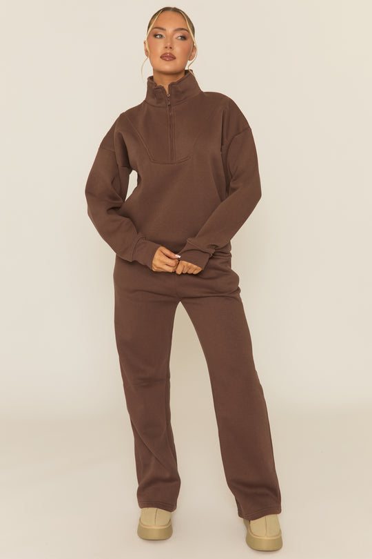 Chocolate Oversized Quarter Zip Sweater and Joggers Loungewear Co-ord Set - Kristie