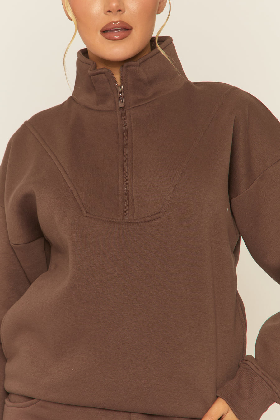 Chocolate Oversized Quarter Zip Sweater and Joggers Loungewear Co-ord Set - Kristie