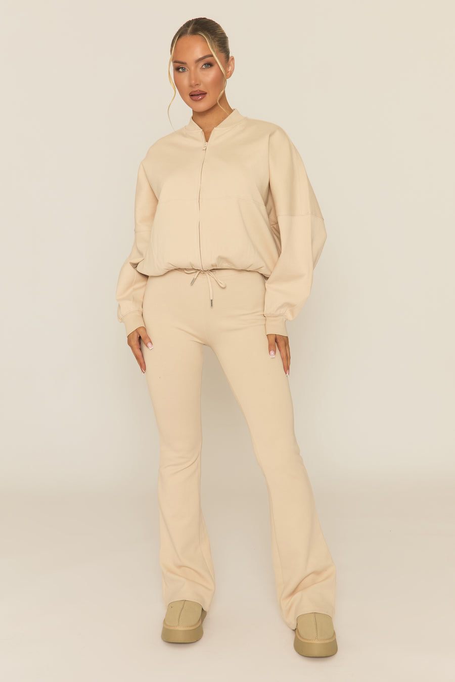 Beige Zip Front Bomber And Flare Joggers Loungewear Co-ord Set - Lonie