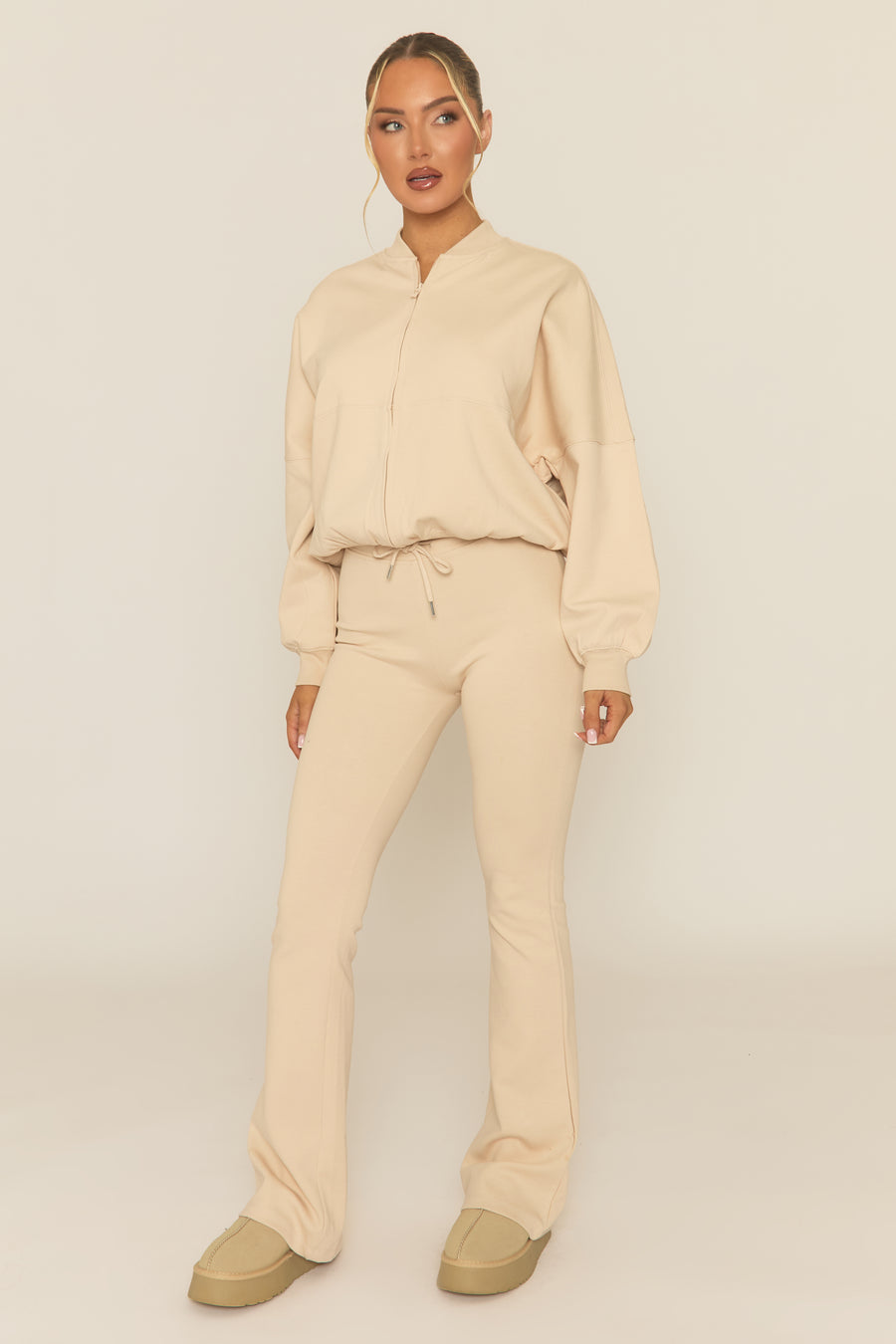 Beige Zip Front Bomber And Flare Joggers Loungewear Co-ord Set - Lonie