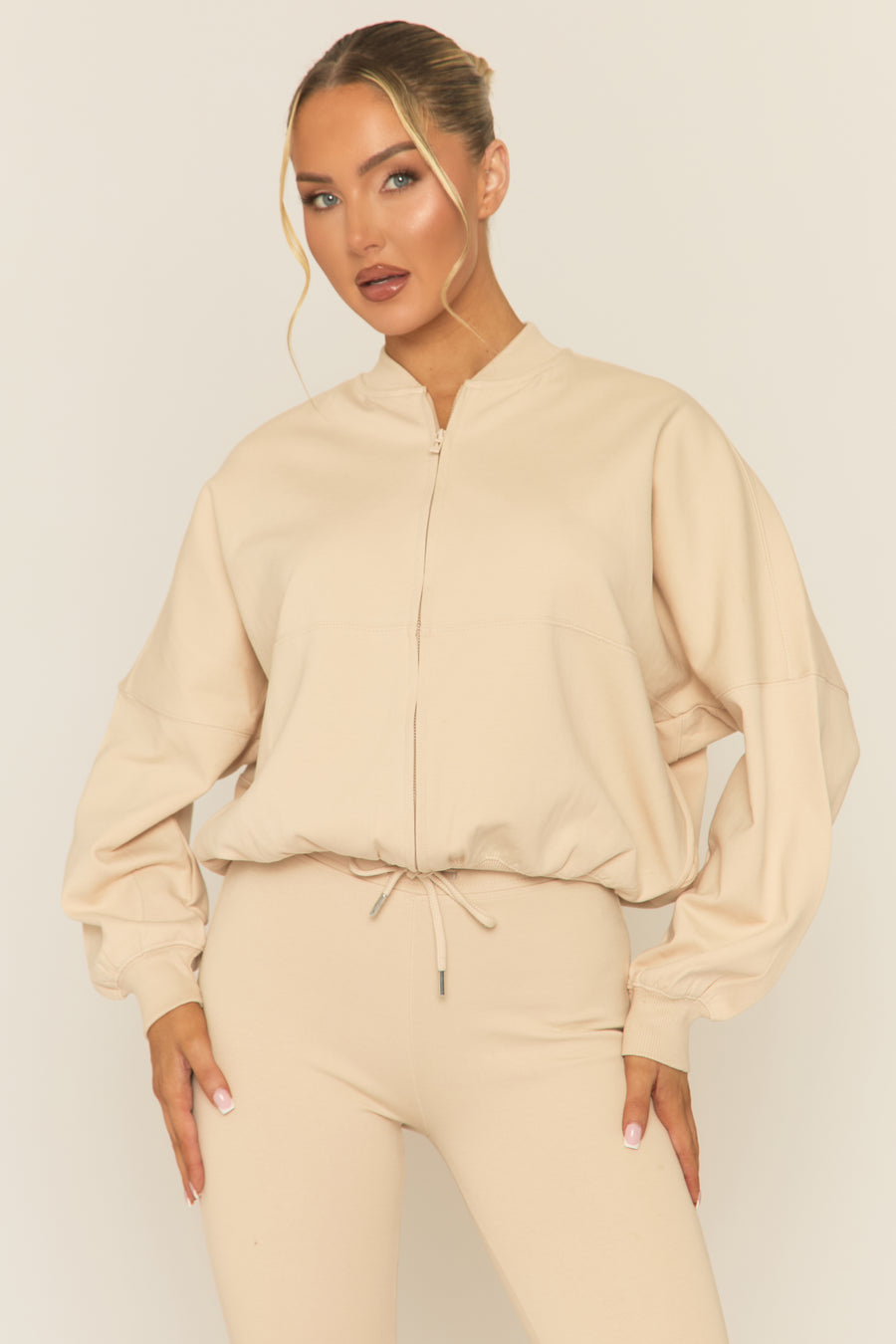 Beige Zip Front Bomber And Flare Joggers Loungewear Co-ord Set - Lonie