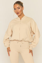 Beige Zip Front Bomber And Flare Joggers Loungewear Co-ord Set - Lonie